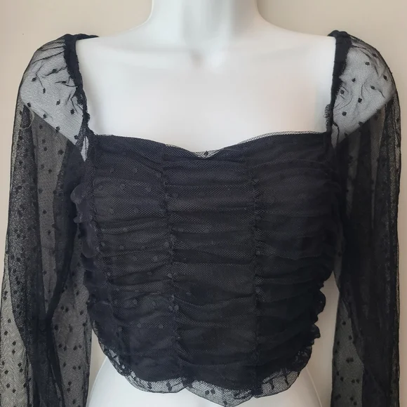 Black Sheer Ruched Crop Top Sz Medium Disco Club Sexy Festival Club Date Night - Picture 3 of 6